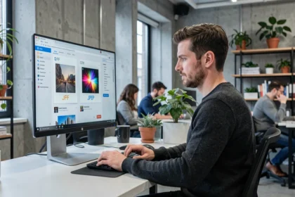 Développeur web masculin analysant des réglages de compression d'images JFIF et JPEG sur un écran d'ordinateur dans un bureau moderne