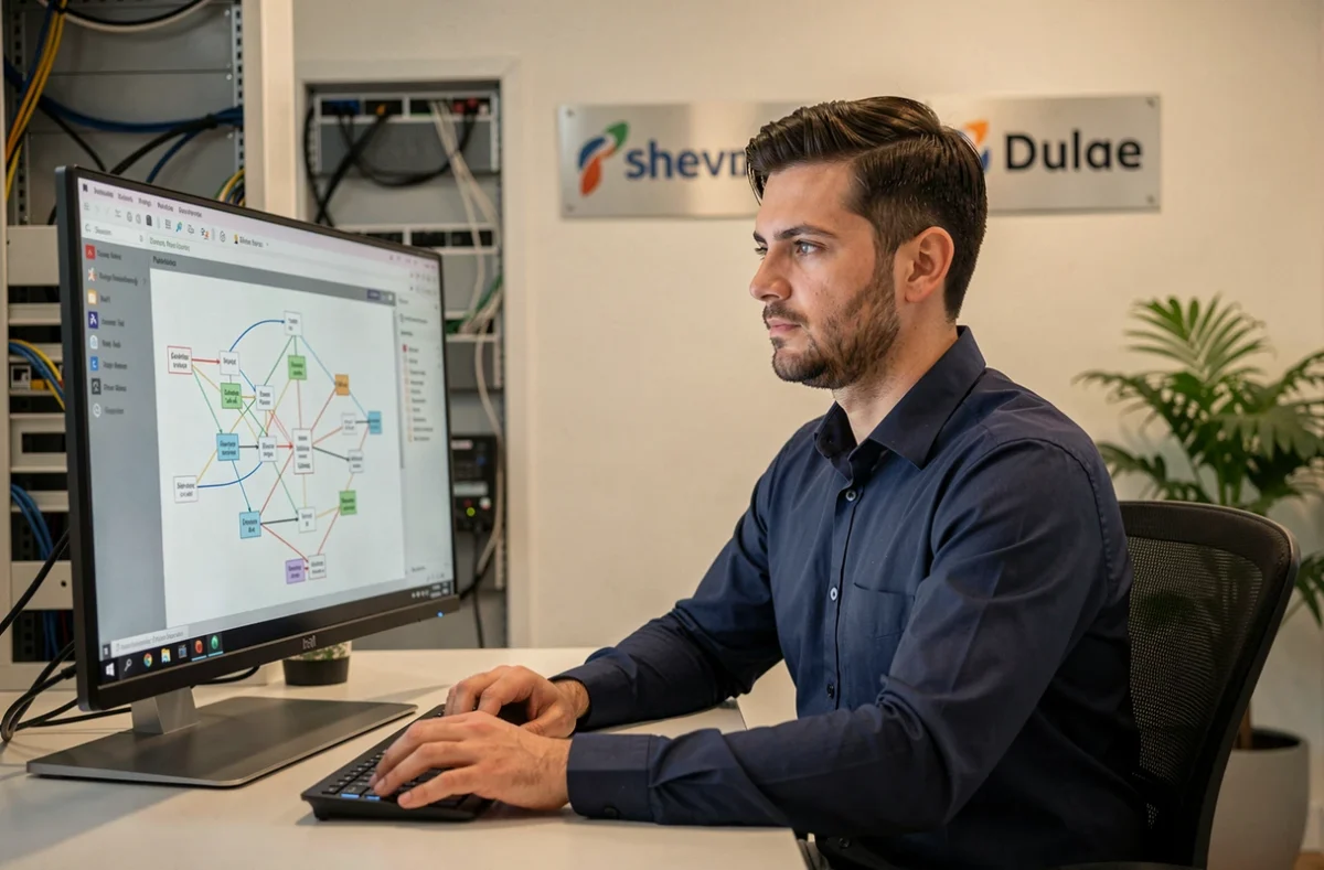 Consultant informatique de la société Ektor analysant une architecture réseau sur un écran dans un bureau moderne