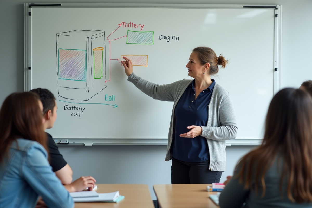 Professeure de science expliquant la batterie aux élèves en classe