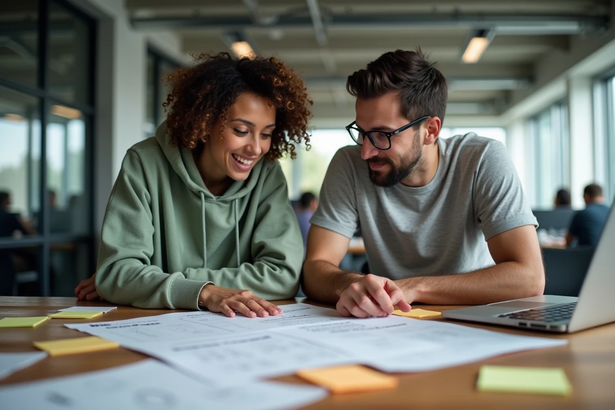 Deux développeurs collaborant sur des documents de modélisation MCD dans une salle de réunion de startup