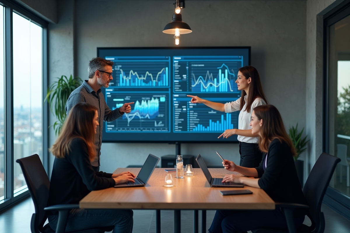 Groupe de trois professionnels IT collaborant devant un écran numérique