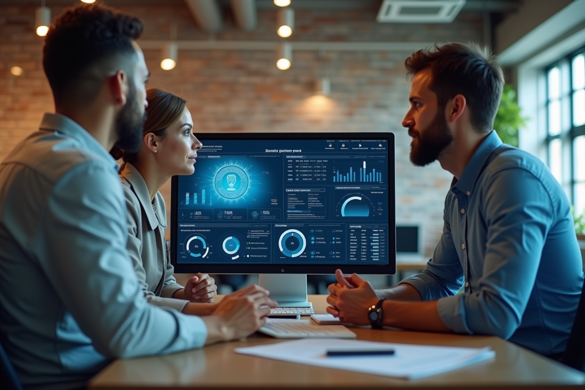 Groupe de professionnels IT discutant devant un tableau de bord de cybersécurité