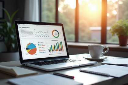 Espace de travail moderne avec ordinateur affichant analytics SEO