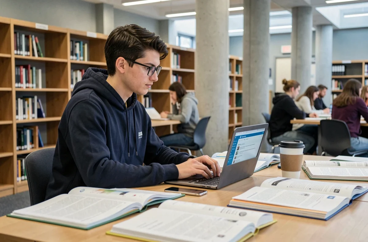 Étudiant utilisant l'eservice UHA à la bibliothèque universitaire pour suivre ses cours en ligne