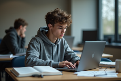 Étudiant concentré sur son ordinateur dans une bibliothèque universitaire