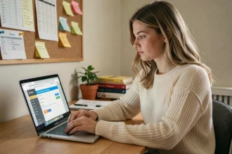 Étudiante consultant le portail eservice UHA sur son ordinateur portable dans sa chambre universitaire