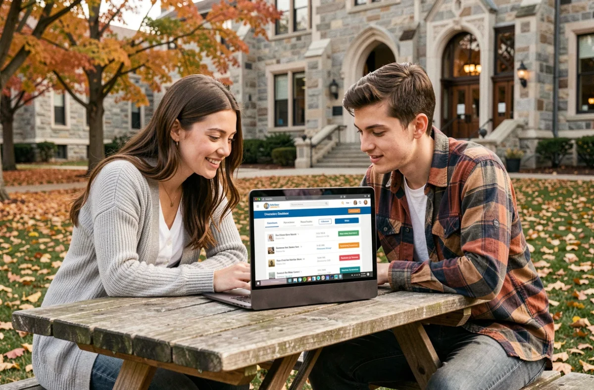 Deux étudiants consultant ensemble l'eservice UHA sur un campus universitaire en automne