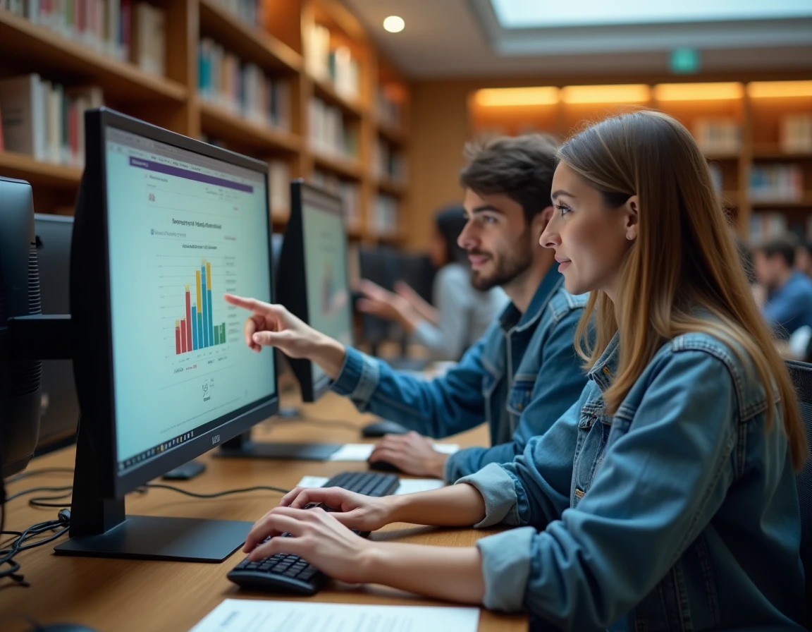 Deux étudiants comparant leurs résultats à un test de vitesse de clic PCS en ligne dans une bibliothèque universitaire