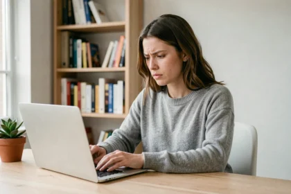 Jeune femme analysant les conditions d'utilisation de Claude AI gratuit sur son ordinateur portable dans un bureau minimaliste