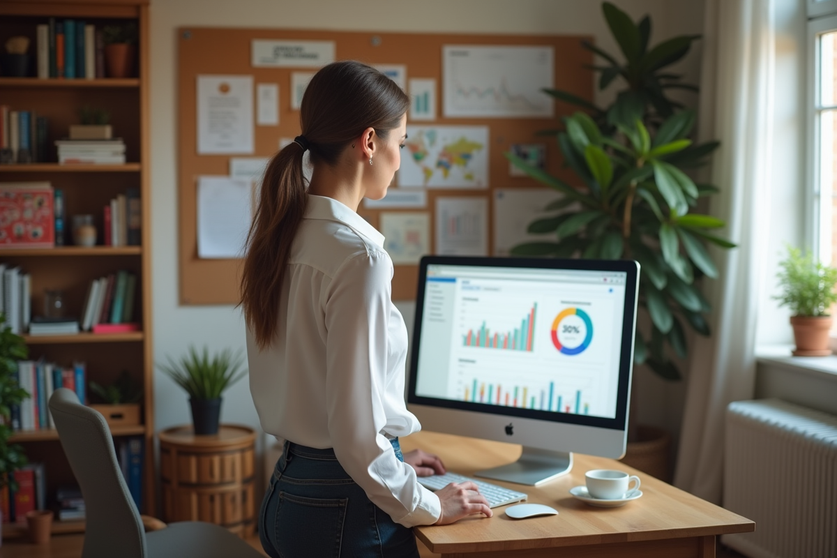Femme analysant des graphiques sur un ordinateur dans un espace cosy
