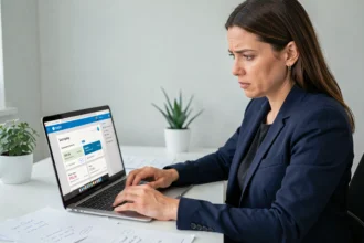 Femme analysant les tarifs d'abonnement ChatGPT sur un ordinateur portable dans un bureau moderne en 2026