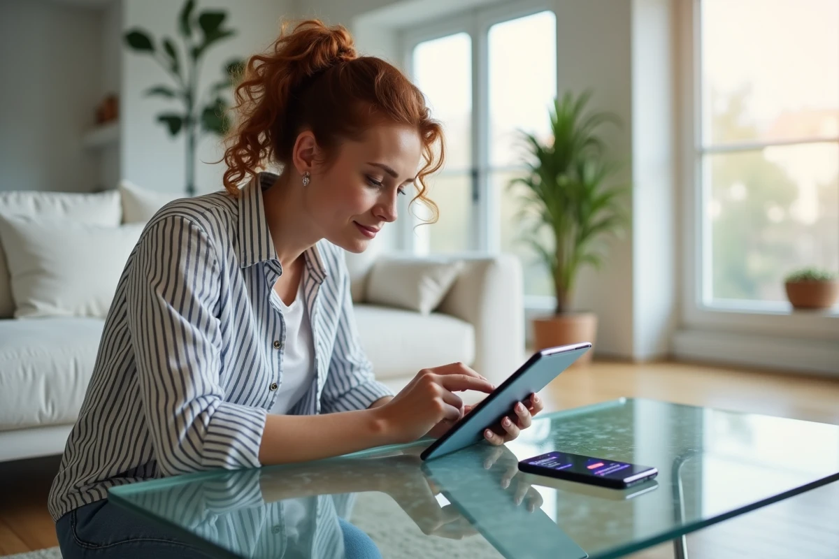 Jeune femme utilisant une application de récupération de SMS sur une tablette posée sur une table basse dans un salon moderne