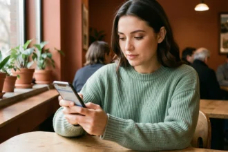 Femme utilisant l'application RED&Moi sur smartphone dans un café pour gérer son forfait 5G RED by SFR