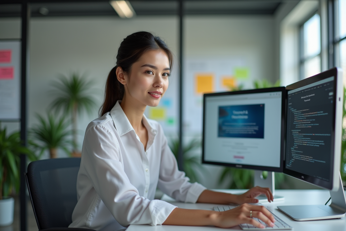 Jeune femme au bureau analysant deux versions de pages web