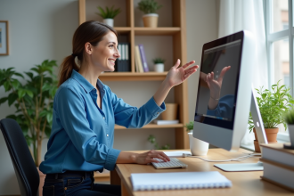 Femme souriante dans un bureau à domicile moderne