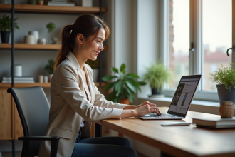 Jeune femme professionnelle compare options de sites web