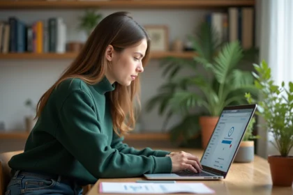 Jeune femme au bureau avec ordinateur portable en mode rafraichissement