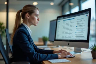 Femme professionnelle consultant ses anciens emails sur un webmail dans un bureau moderne à Bordeaux