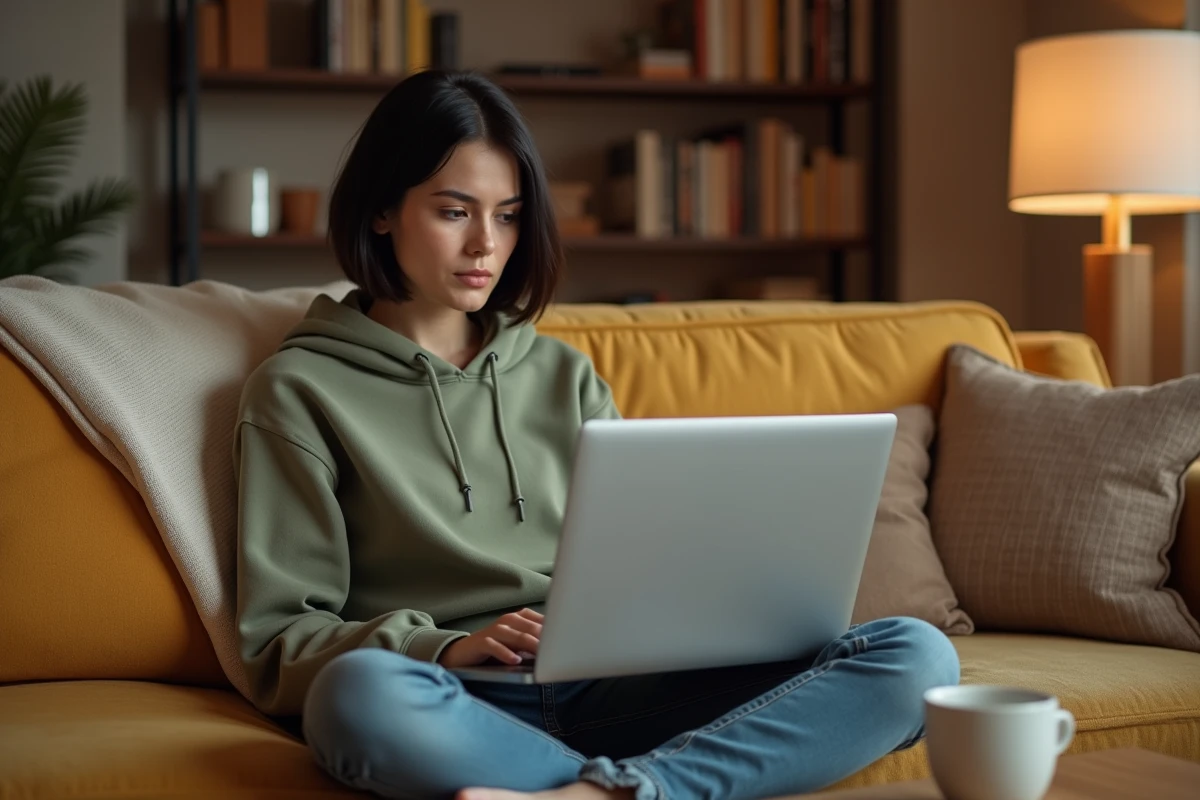 Jeune femme explorant les options cachées de Chrome flags sur un laptop depuis son canapé