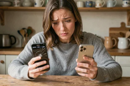 Femme comparant deux smartphones pour récupérer ses mots de passe après un changement de téléphone
