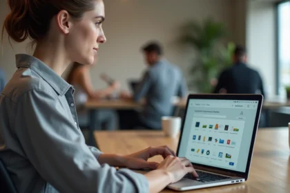 Femme utilisant un logiciel de conversion de documents PDF et Word sur un ordinateur portable au bureau