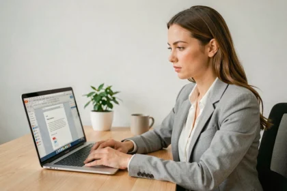 Femme professionnelle convertissant un document Word en PDF sur son ordinateur portable au bureau