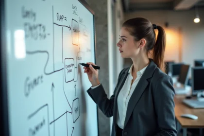 Développeuse présentant un diagramme MCD sur tableau blanc dans un bureau tech moderne