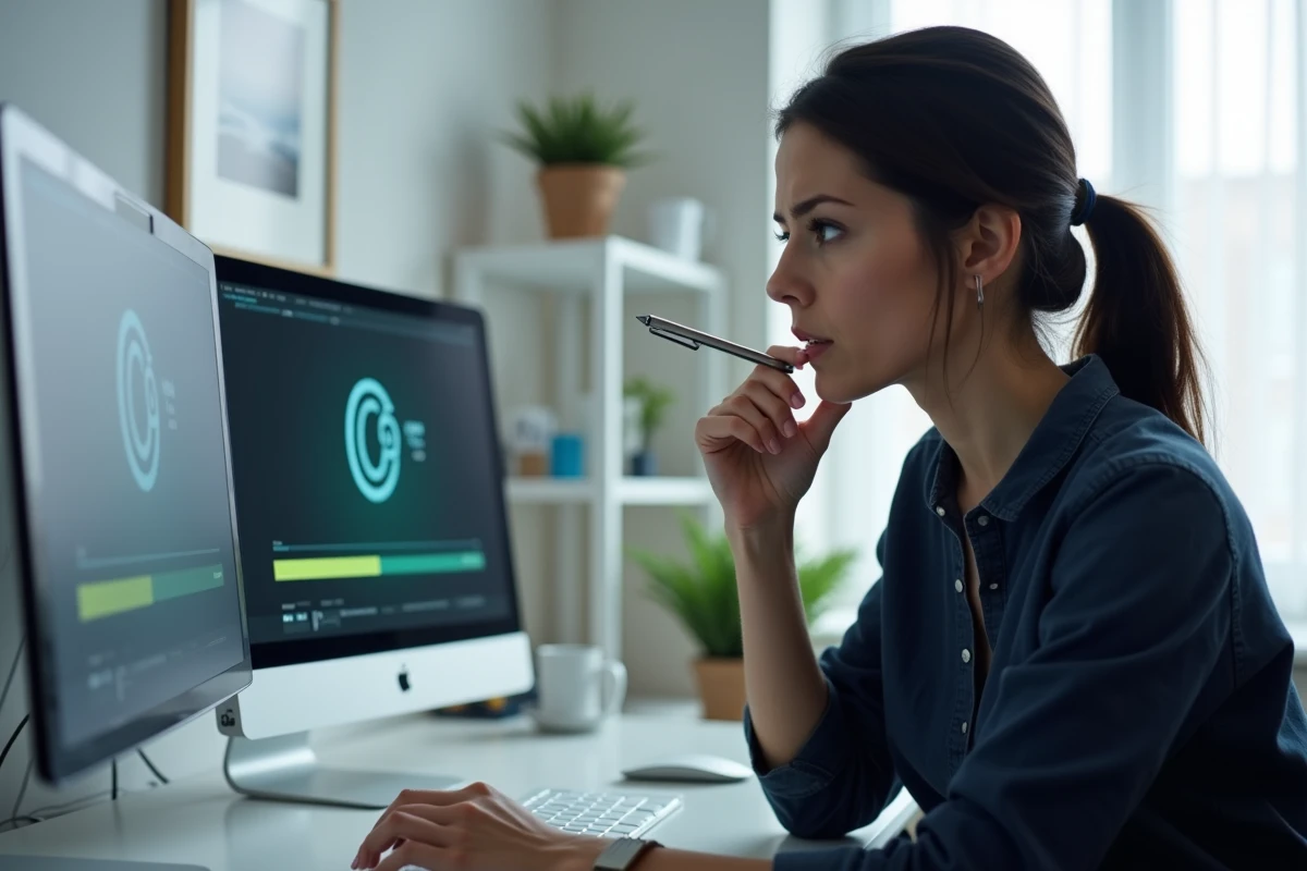 Femme analysant une erreur de téléchargement sur un double écran d'ordinateur