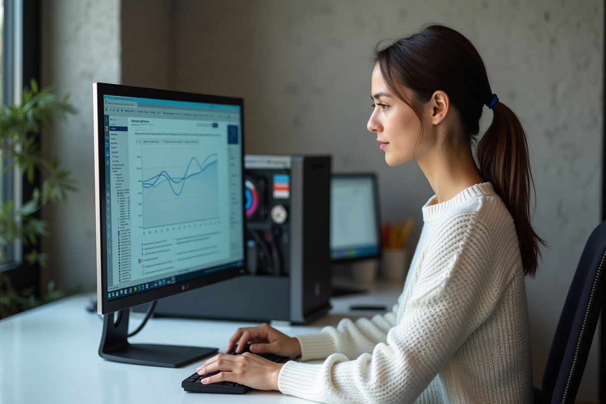 Femme vérifiant un graphique de compatibilite sur un ecran