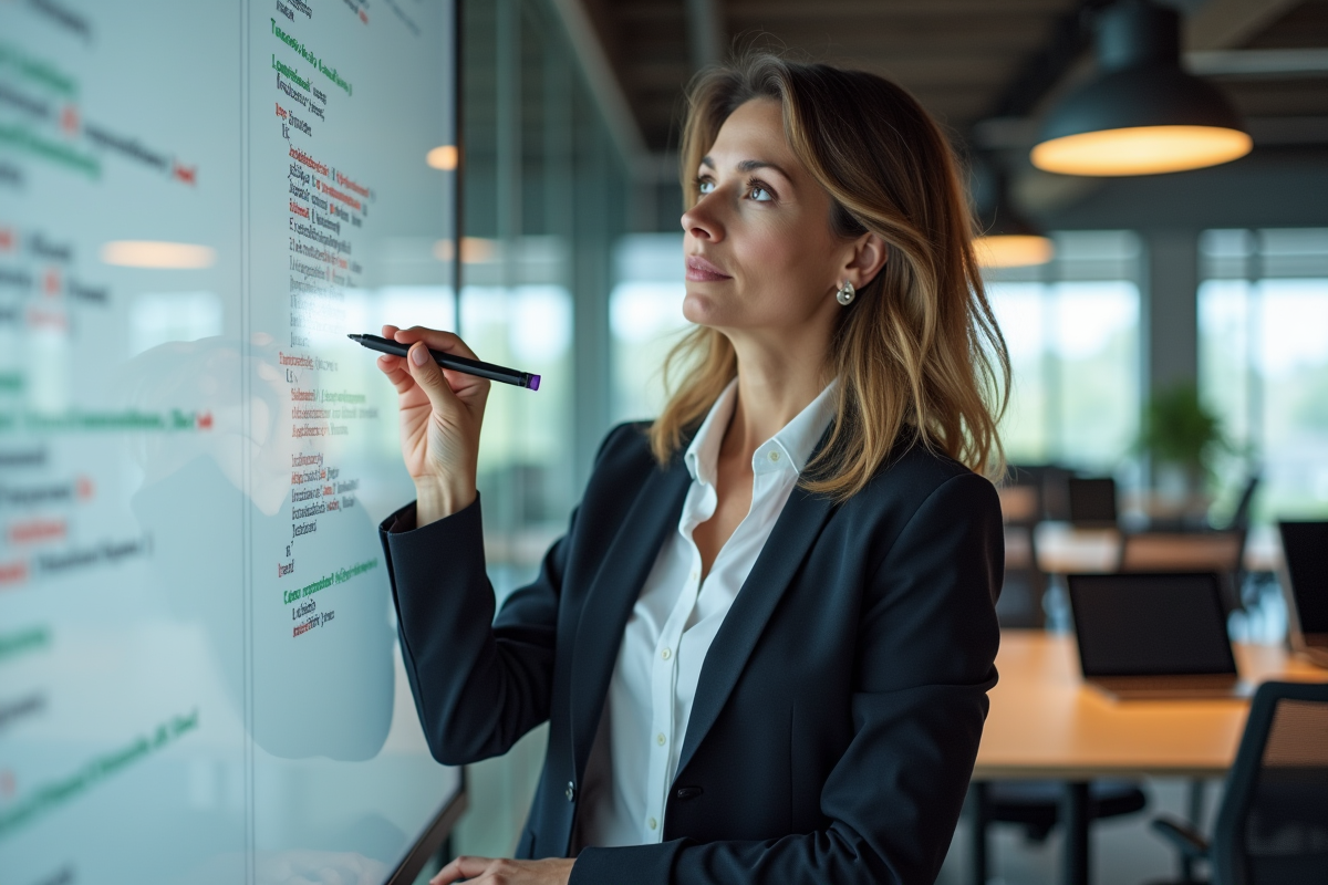 Femme réfléchissant devant un tableau blanc avec schémas de programmation