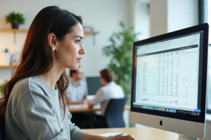 Femme utilisant Excel sur un grand écran dans un bureau moderne pour transformer des données en colonnes