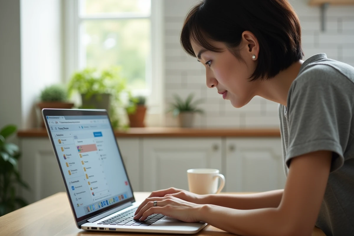 Femme concentrée devant un ordinateur portable ouvrant le dossier cache FiveM dans l'explorateur Windows