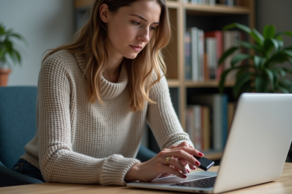 Jeune femme insérant un SSD dans son ordinateur portable