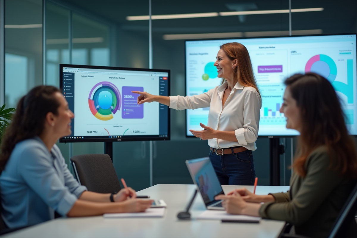 Femme en formation digitale animant un atelier pour adultes