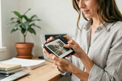 Femme tenant une mini imprimante connectée au smartphone et examinant un tirage photo instantané sur un bureau en bois
