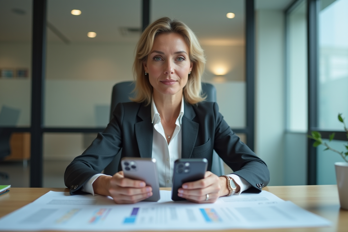 Femme d affaires comparant deux smartphones au bureau