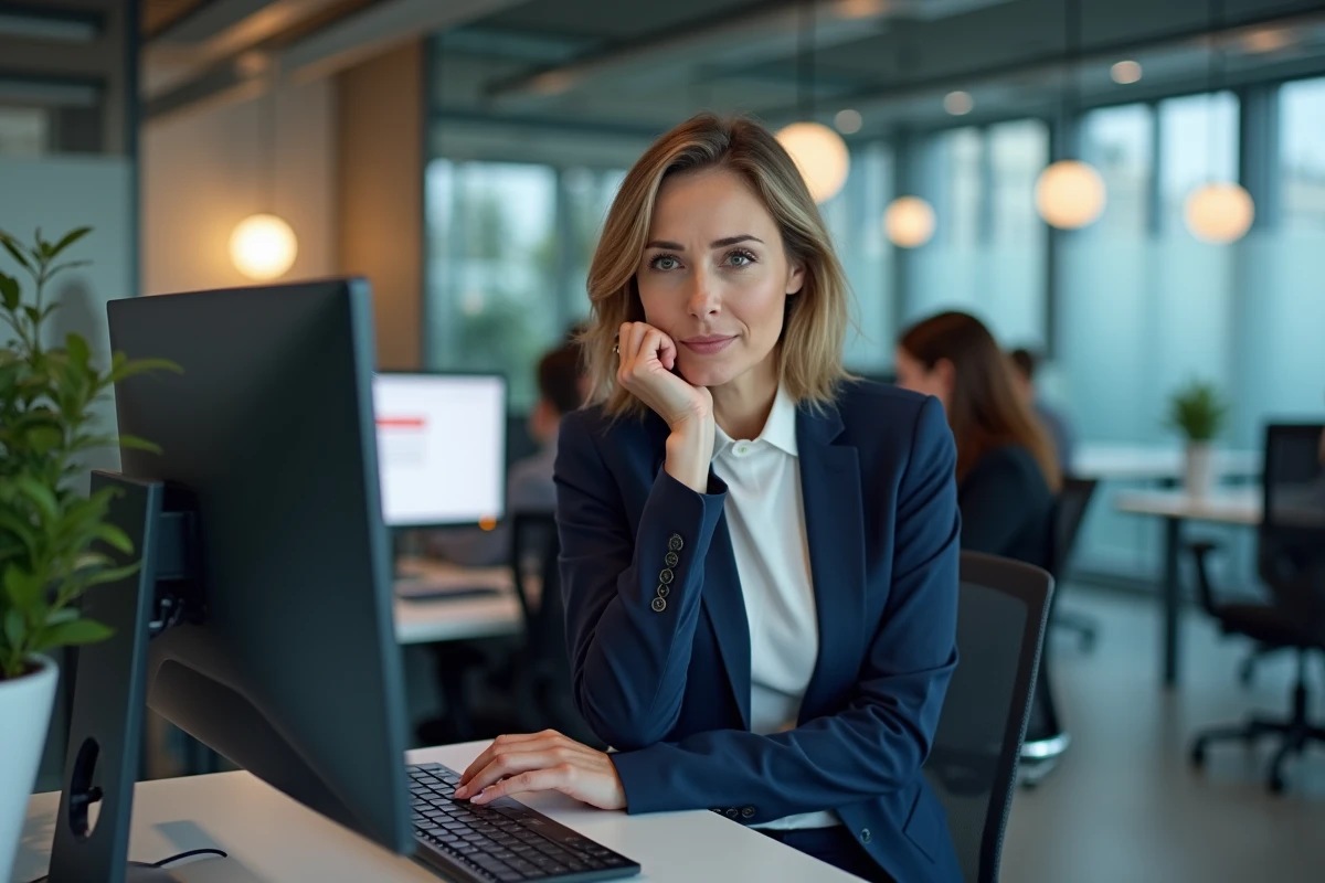 Femme en open-space consultant un message d'erreur sur son navigateur lors d'un accès bloqué au webmail professionnel