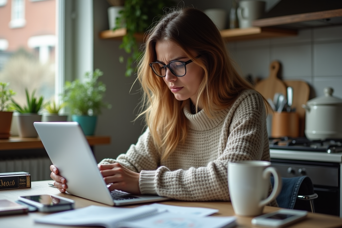 Femme analysant un tableau de bord SEO à la maison