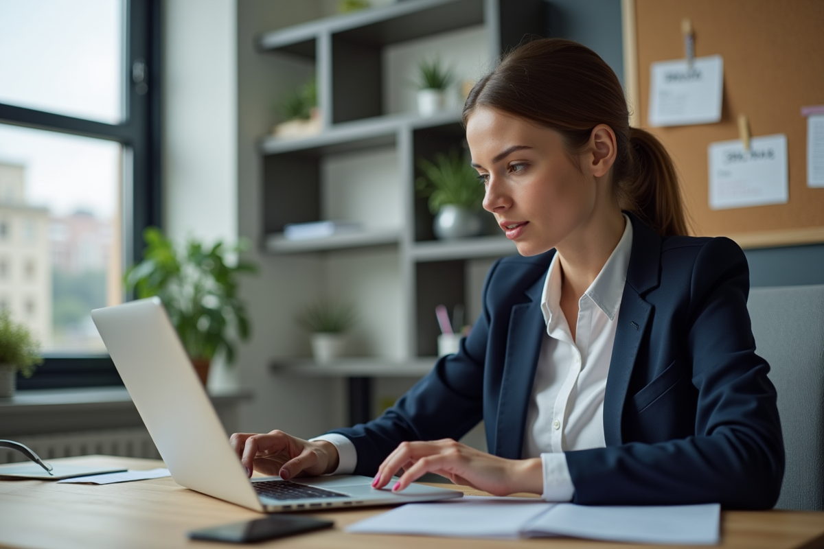 Femme en blazer navy travaillant sur son ordinateur pour une strategie seo