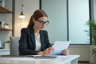 Femme professionnelle organise dossiers dans un bureau moderne