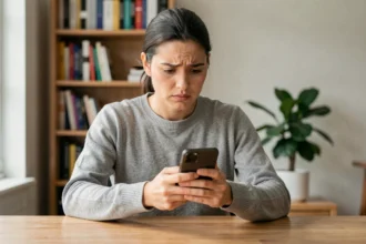 Femme perplexe regardant son smartphone Android avec le presse-papier qui ne fonctionne pas