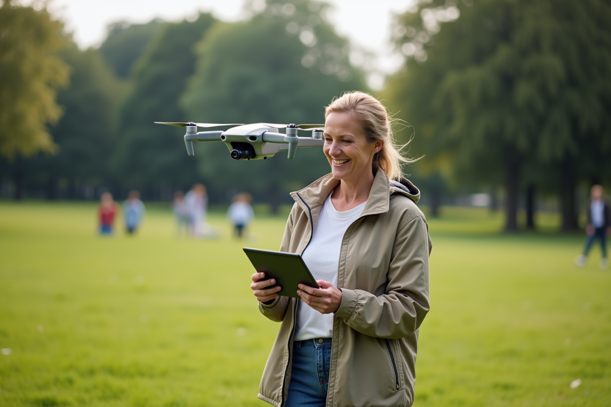 Femme souriante pilote un drone dans un parc verdoyant