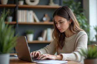 Femme en bureau moderne regardant un site de classement podcast