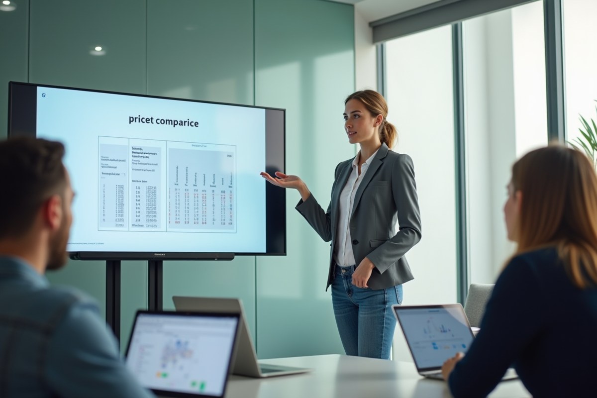 Jeune femme en blazer présentant un graphique lors d