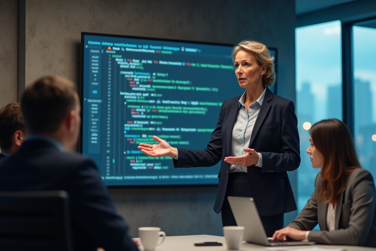 Femme expliquant un schema SQL lors d