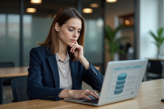 Jeune femme en blazer bleu travaillant sur un ordinateur dans un bureau moderne