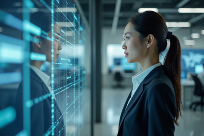 Femme asiatique en costume observant un ordinateur quantique moderne