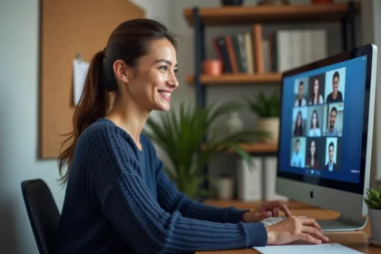 Femme en télétravail participant à une réunion vidéo sur Framapas dans un bureau à domicile bien organisé