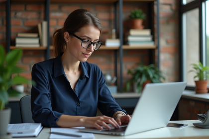 Femme professionnelle analysant des données SEO sur son ordinateur