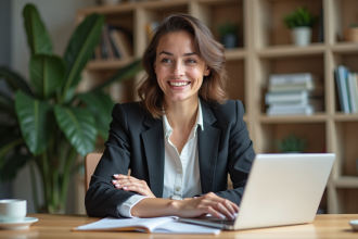 Femme professionnelle vérifiant certificats SEO sur ordinateur